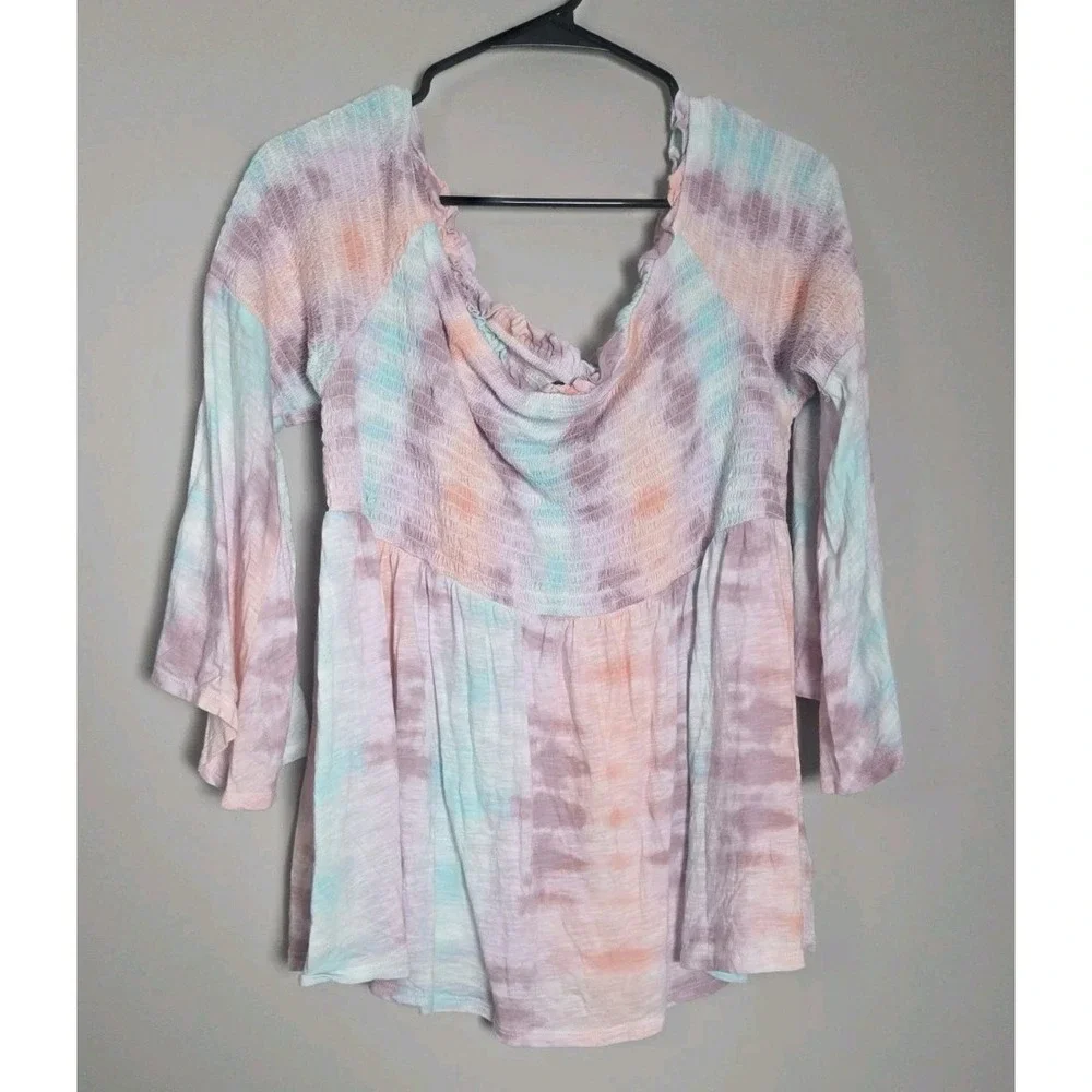 Torrid Tie Dye Cold Shoulder Babydoll Top Plus Size 3X Pastel Purple Pink Blue - Picture 2 of 5